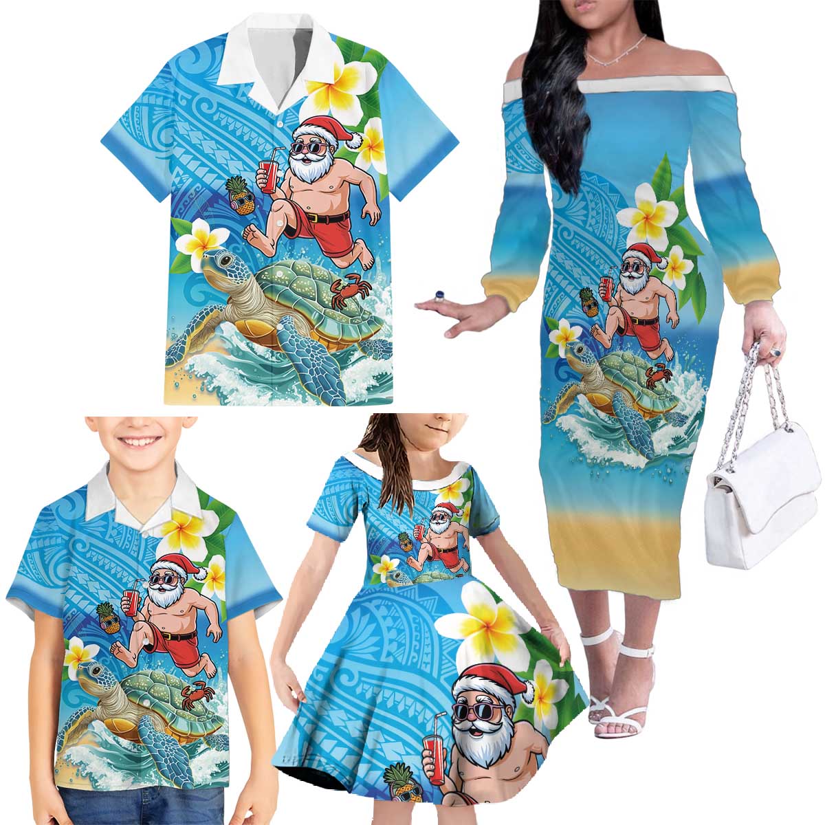 Polynesian Merry Christmas Family Matching Off The Shoulder Long Sleeve Dress and Hawaiian Shirt Funny Santa with Sea Turtle Beach Plumeria - Polynesian Pride