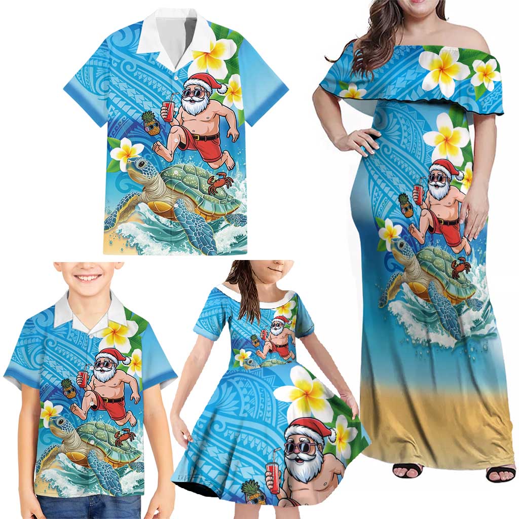 Polynesian Merry Christmas Family Matching Off Shoulder Maxi Dress and Hawaiian Shirt Funny Santa with Sea Turtle Beach Plumeria - Polynesian Pride