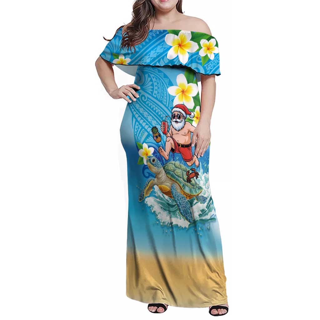 Polynesian Merry Christmas Family Matching Off Shoulder Maxi Dress and Hawaiian Shirt Funny Santa with Sea Turtle Beach Plumeria - Polynesian Pride