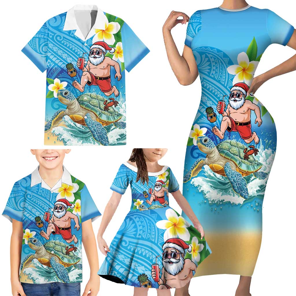 Polynesian Merry Christmas Family Matching Short Sleeve Bodycon Dress and Hawaiian Shirt Funny Santa with Sea Turtle Beach Plumeria - Polynesian Pride