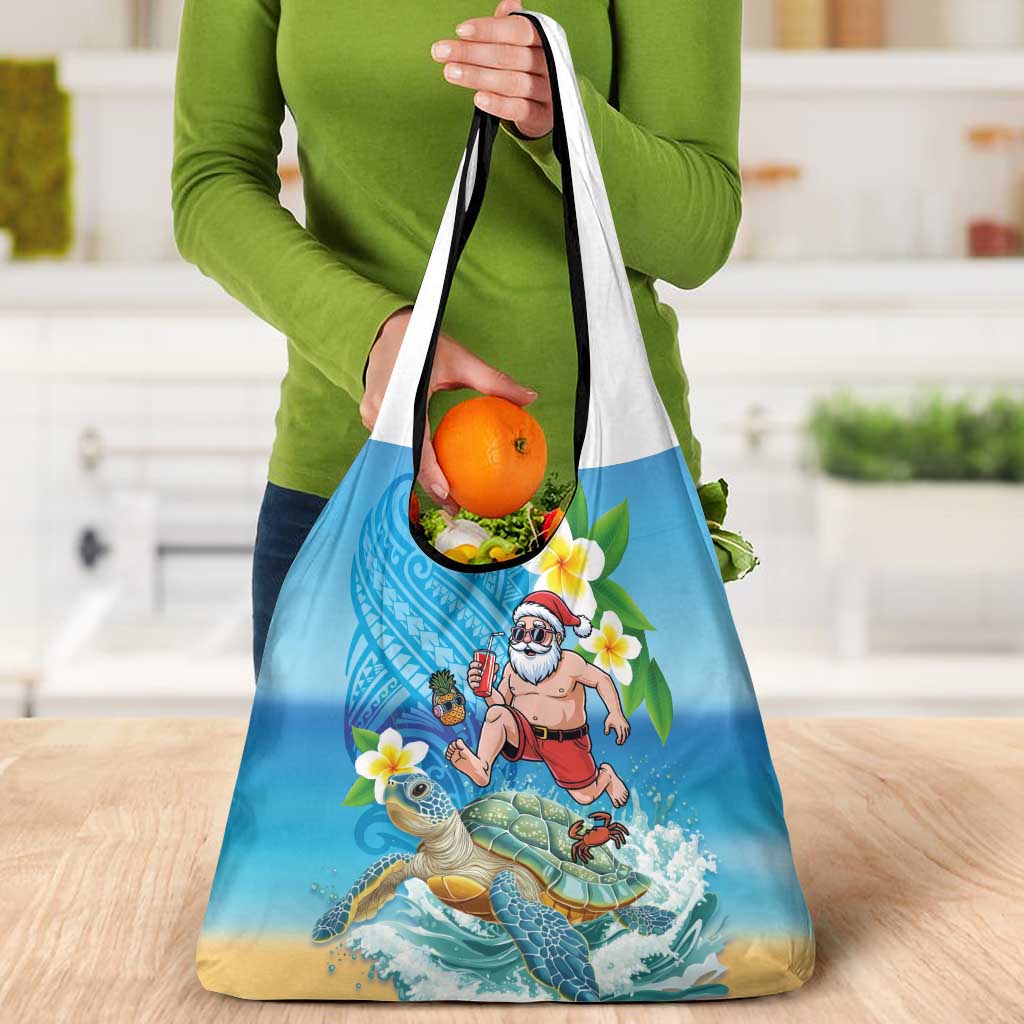 Polynesian Merry Christmas Grocery Bag Funny Santa with Sea Turtle Beach Plumeria - Polynesian Pride