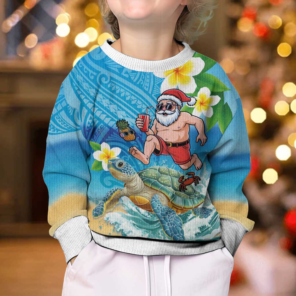 Polynesian Merry Christmas Kid Ugly Christmas Sweater Funny Santa with Sea Turtle on Beach and Plumeria - Polynesian Pride