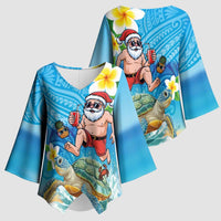 Polynesian Merry Christmas Kimono Sleeve Blouse Funny Santa with Sea Turtle Beach Plumeria - Polynesian Pride