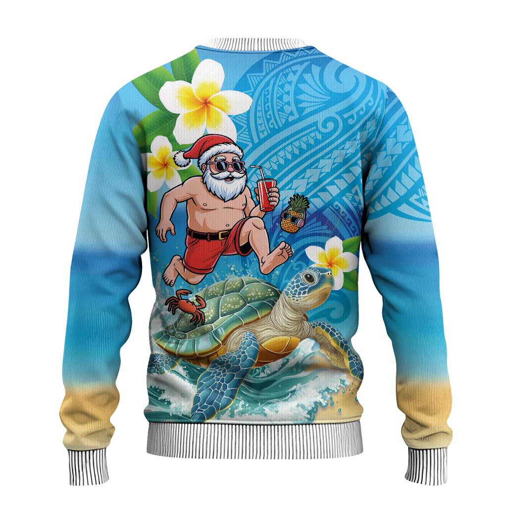Polynesian Merry Christmas Ugly Christmas Sweater Funny Santa with Sea Turtle on Beach and Plumeria - Polynesian Pride