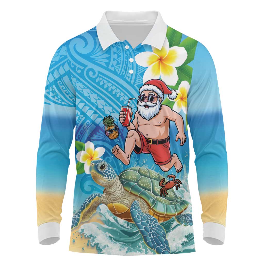 Polynesian Merry Christmas Long Sleeve Polo Shirt Funny Santa with Sea Turtle Beach Plumeria - Polynesian Pride