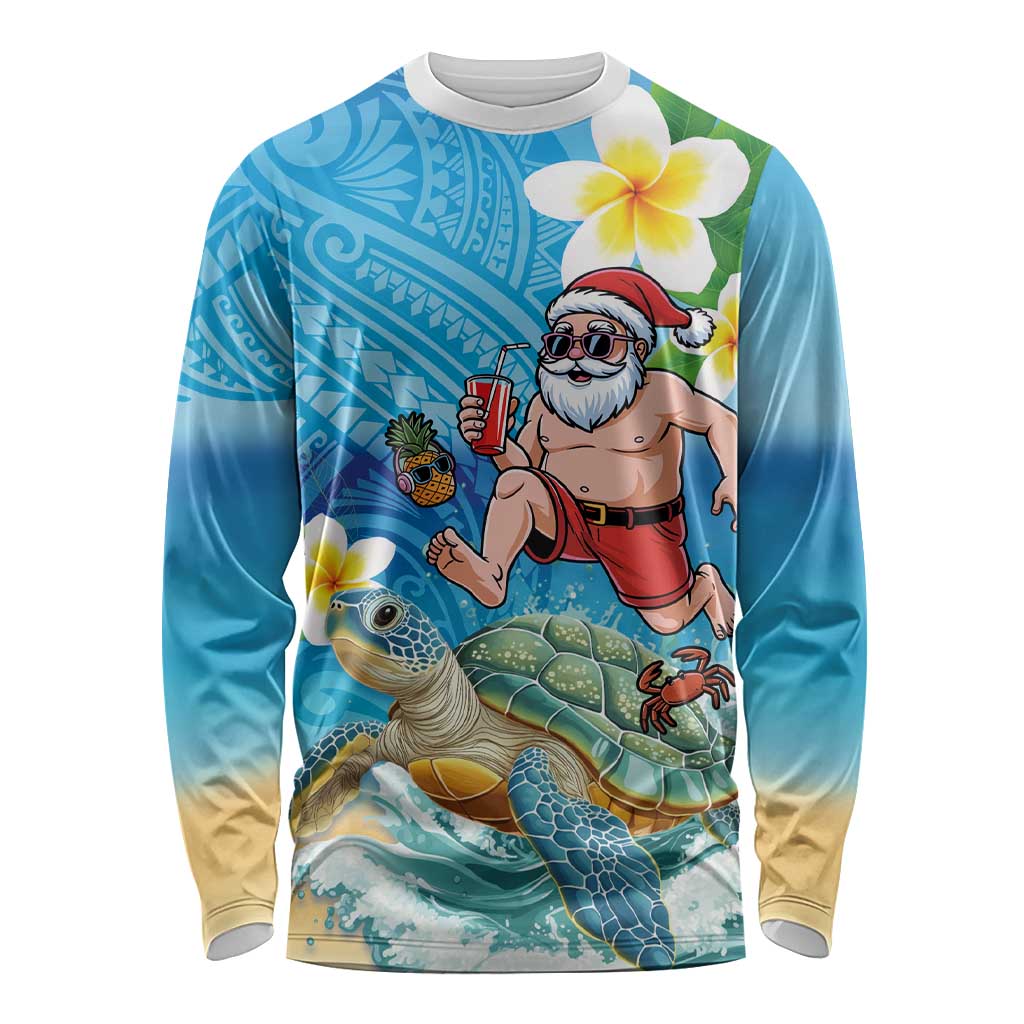 Polynesian Merry Christmas Long Sleeve Shirt Funny Santa with Sea Turtle Beach Plumeria - Polynesian Pride