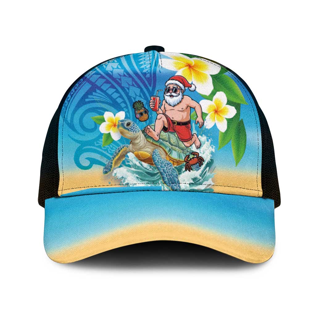 Polynesian Merry Christmas Mesh Trucker Cap Funny Santa with Sea Turtle Beach and Plumeria - Polynesian Pride
