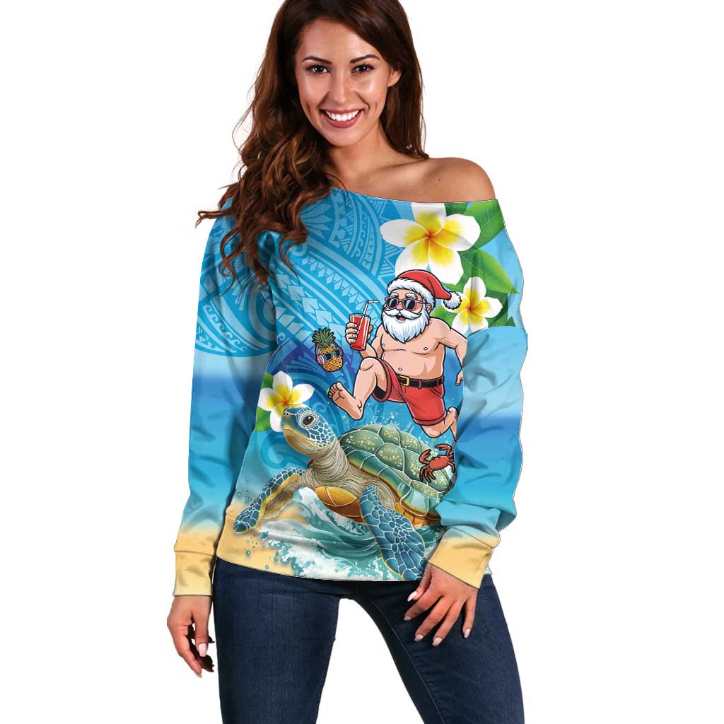Polynesian Merry Christmas Off Shoulder Sweater Funny Santa with Sea Turtle Beach Plumeria - Polynesian Pride