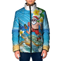 Polynesian Merry Christmas Padded Jacket Funny Santa with Sea Turtle Beach Plumeria - Polynesian Pride