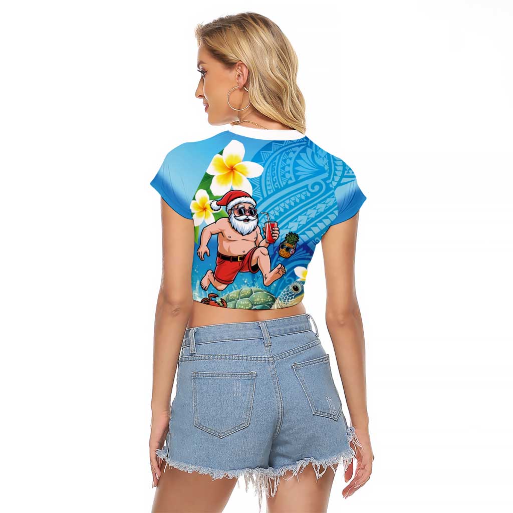 Polynesian Merry Christmas Raglan Cropped T Shirt Funny Santa with Sea Turtle Beach Plumeria - Polynesian Pride