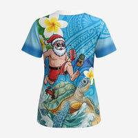 Polynesian Merry Christmas Scrub Top Funny Santa with Sea Turtle Beach Plumeria - Polynesian Pride