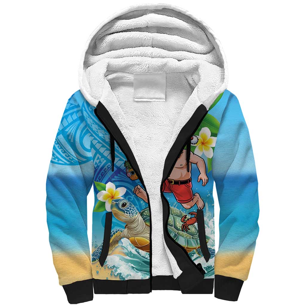Polynesian Merry Christmas Sherpa Hoodie Funny Santa with Sea Turtle Beach Plumeria - Polynesian Pride
