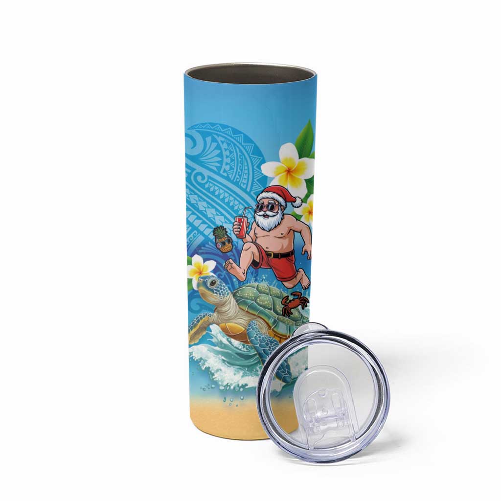 Polynesian Merry Christmas Skinny Tumbler Funny Santa with Sea Turtle Beach Plumeria - Polynesian Pride