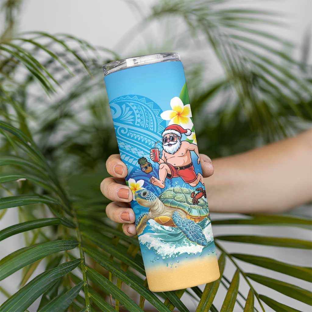 Polynesian Merry Christmas Skinny Tumbler Funny Santa with Sea Turtle Beach Plumeria - Polynesian Pride