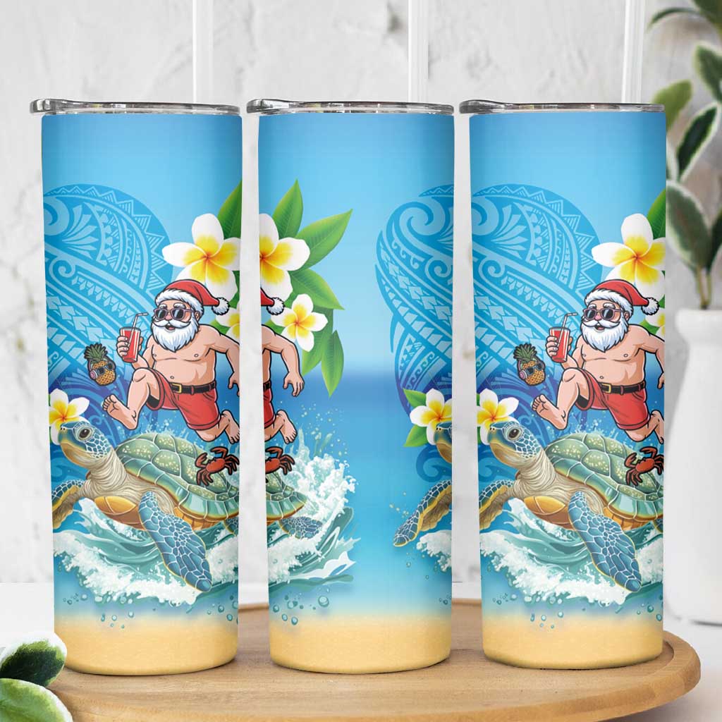 Polynesian Merry Christmas Skinny Tumbler Funny Santa with Sea Turtle Beach Plumeria - Polynesian Pride