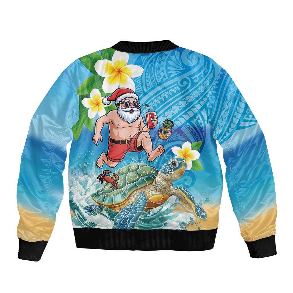 Polynesian Merry Christmas Sleeve Zip Bomber Jacket Funny Santa with Sea Turtle Beach Plumeria - Polynesian Pride