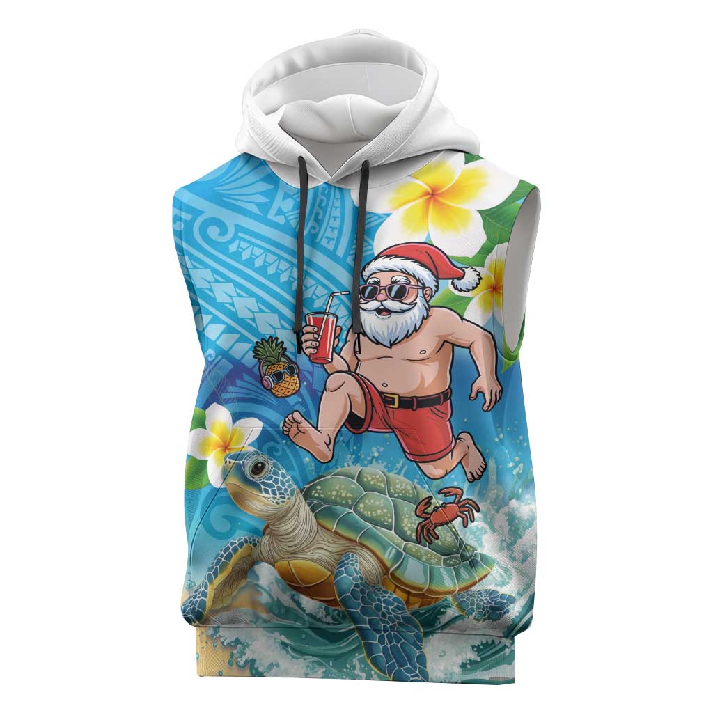 Polynesian Merry Christmas Sleeveless Hoodie Funny Santa with Sea Turtle Beach Plumeria - Polynesian Pride