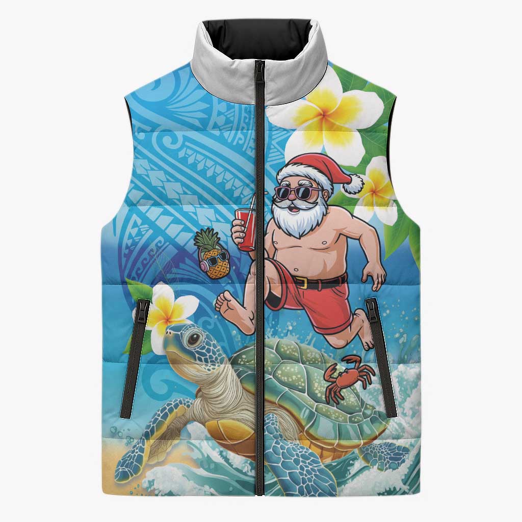 Polynesian Merry Christmas Sleeveless Puffer Jacket Funny Santa with Sea Turtle Beach Plumeria - Polynesian Pride