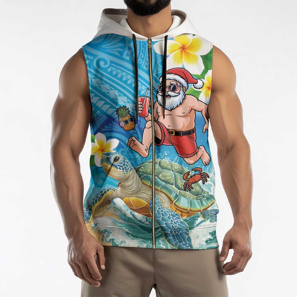 Polynesian Merry Christmas Sleeveless Zip Hoodie Funny Santa with Sea Turtle Beach Plumeria - Polynesian Pride