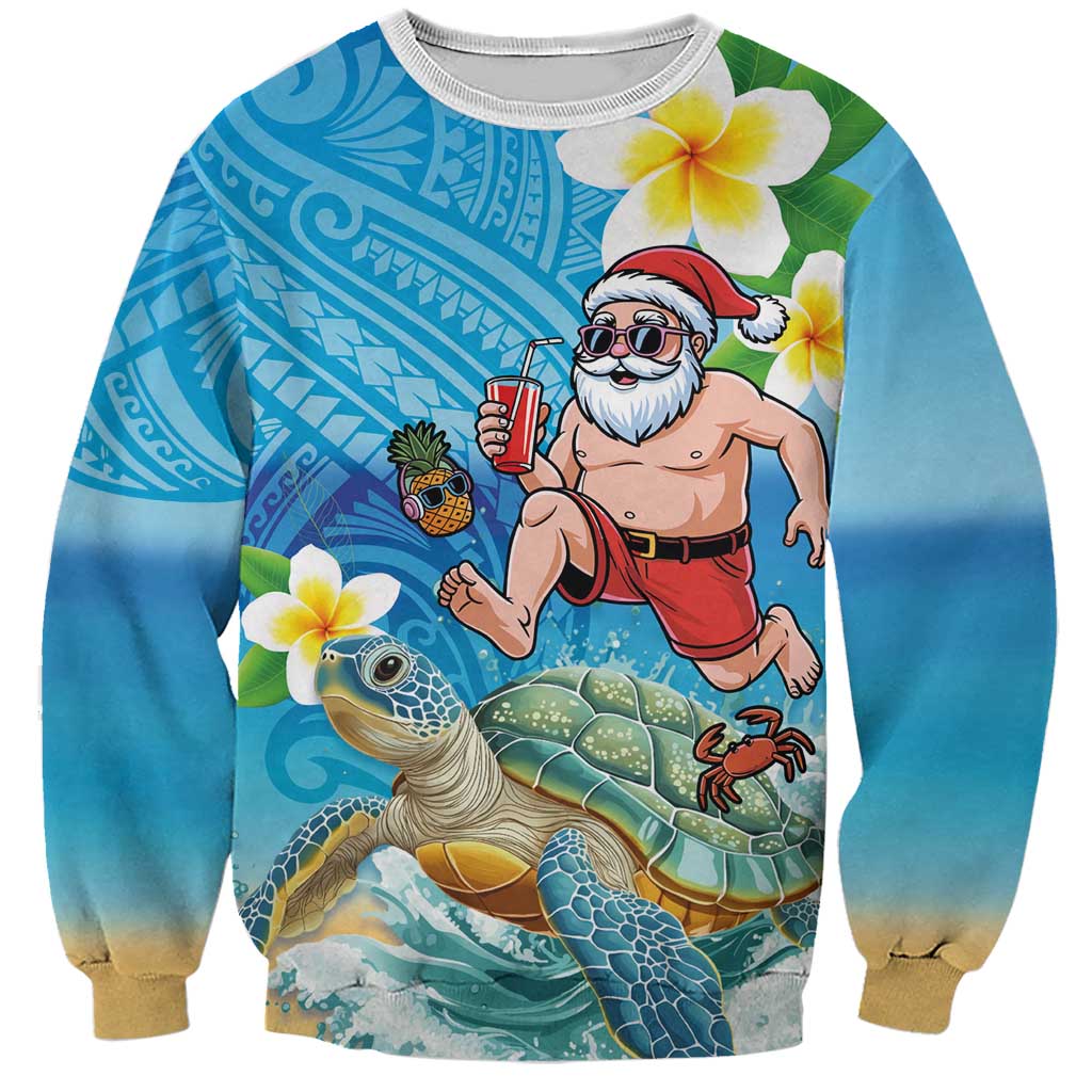Polynesian Merry Christmas Sweatshirt Funny Santa with Sea Turtle Beach Plumeria - Polynesian Pride