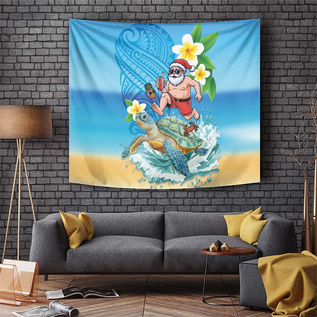 Polynesian Merry Christmas Tapestry Funny Santa with Sea Turtle Beach Plumeria - Polynesian Pride