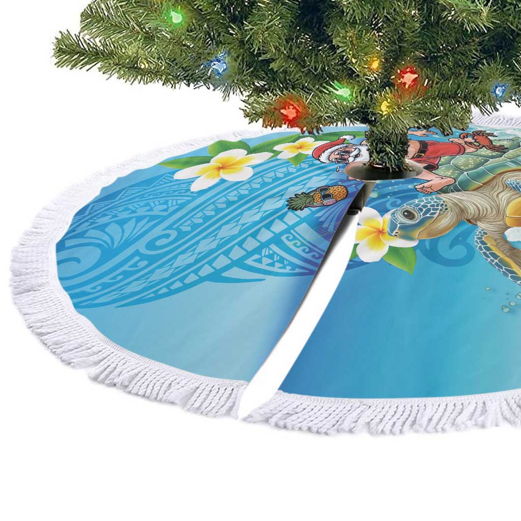 Polynesian Merry Christmas Tree Skirt Funny Santa with Sea Turtle on Beach and Plumeria - Polynesian Pride