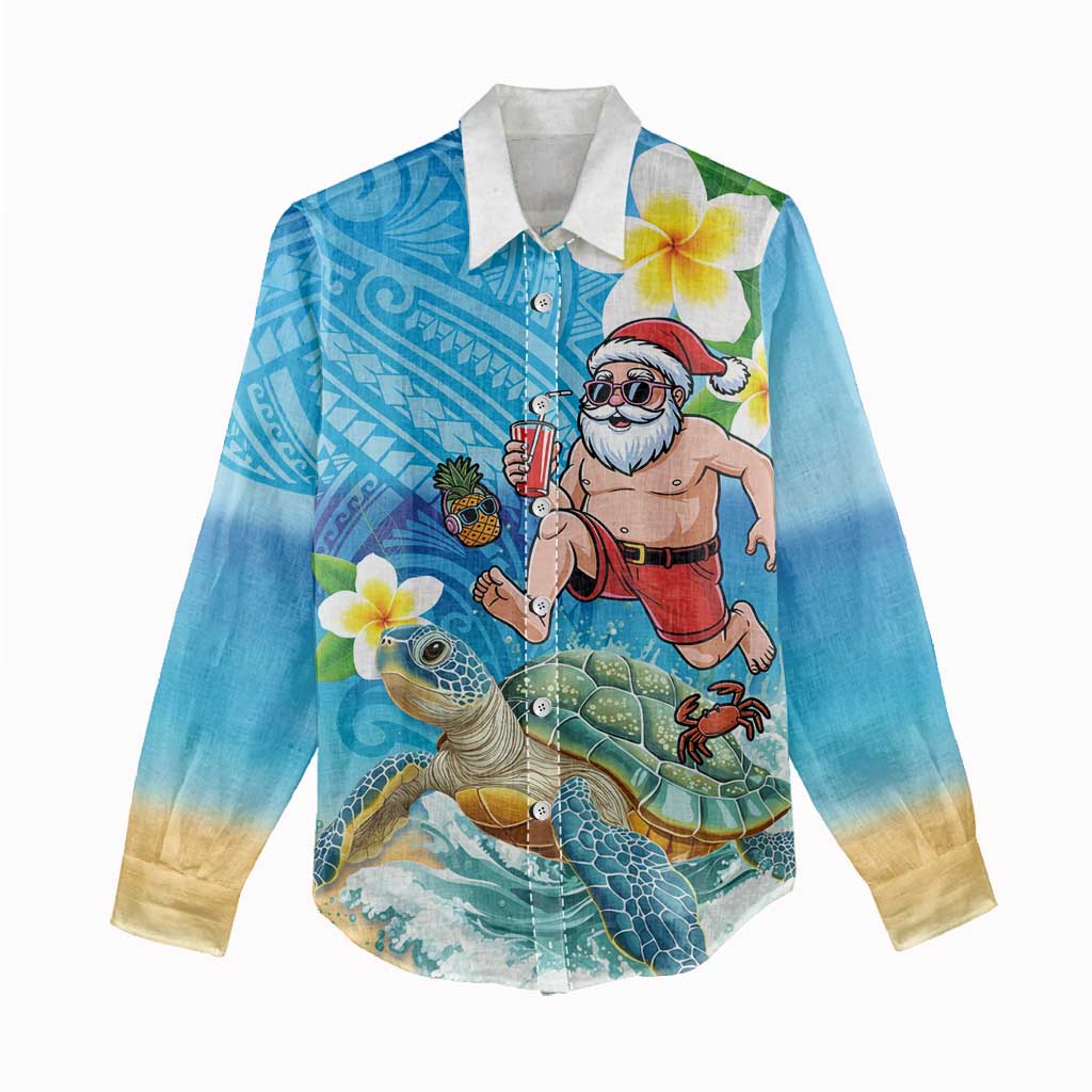 Polynesian Merry Christmas Women Casual Shirt Funny Santa with Sea Turtle Beach Plumeria - Polynesian Pride