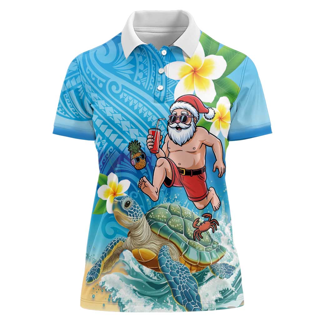 Polynesian Merry Christmas Women Polo Shirt Funny Santa with Sea Turtle Beach Plumeria - Polynesian Pride