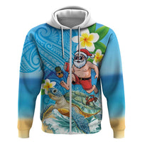 Polynesian Merry Christmas Zip Hoodie Funny Santa with Sea Turtle Beach Plumeria - Polynesian Pride