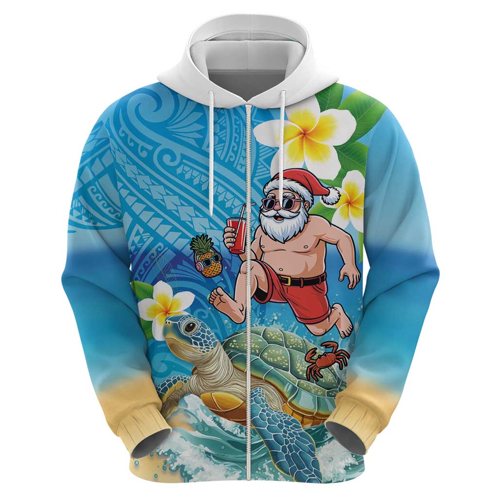Polynesian Merry Christmas Zip Hoodie Funny Santa with Sea Turtle Beach Plumeria - Polynesian Pride