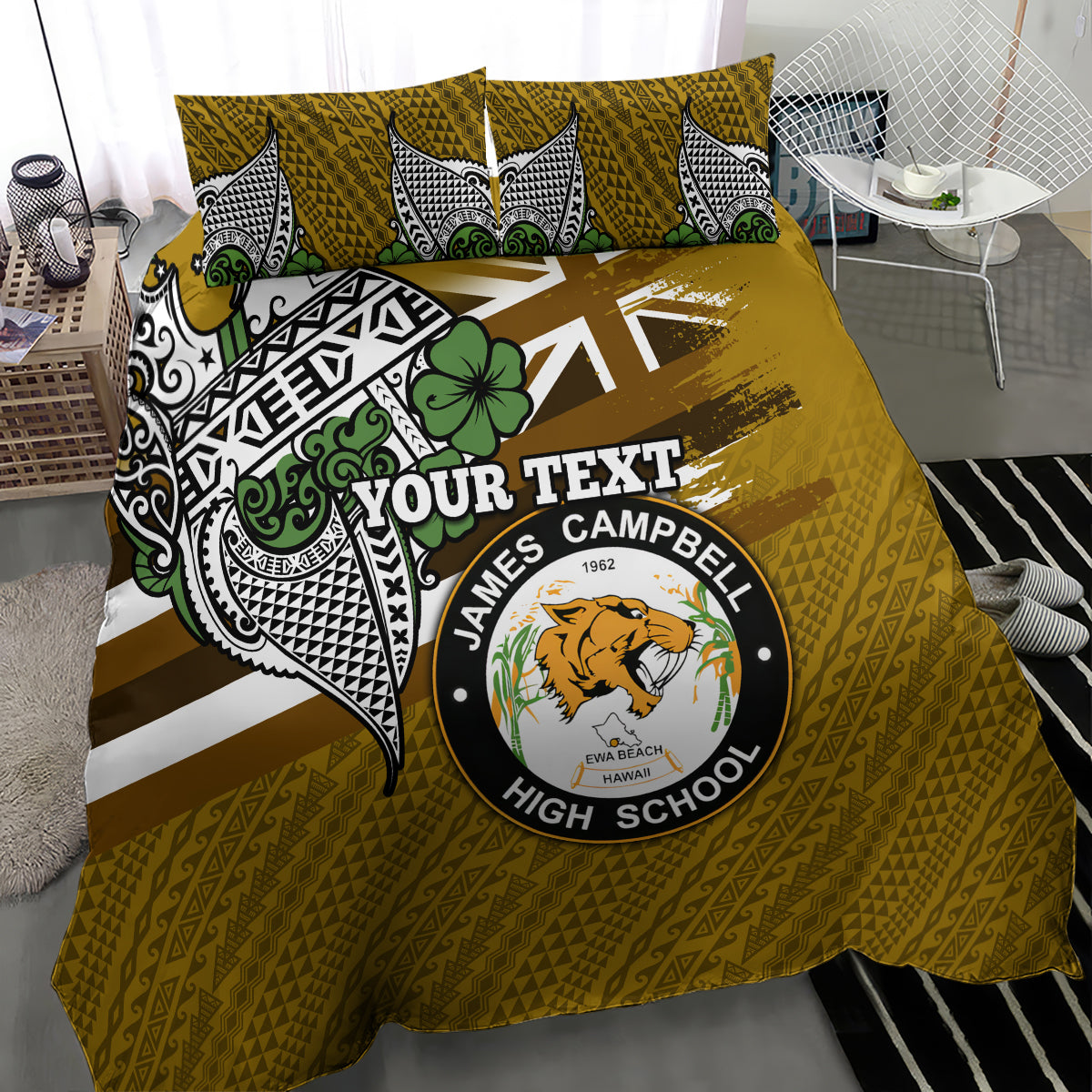 Hawaii James Campbell High School Bedding Set Kakau Pattern Gold Color Version LT03 - Polynesian Pride