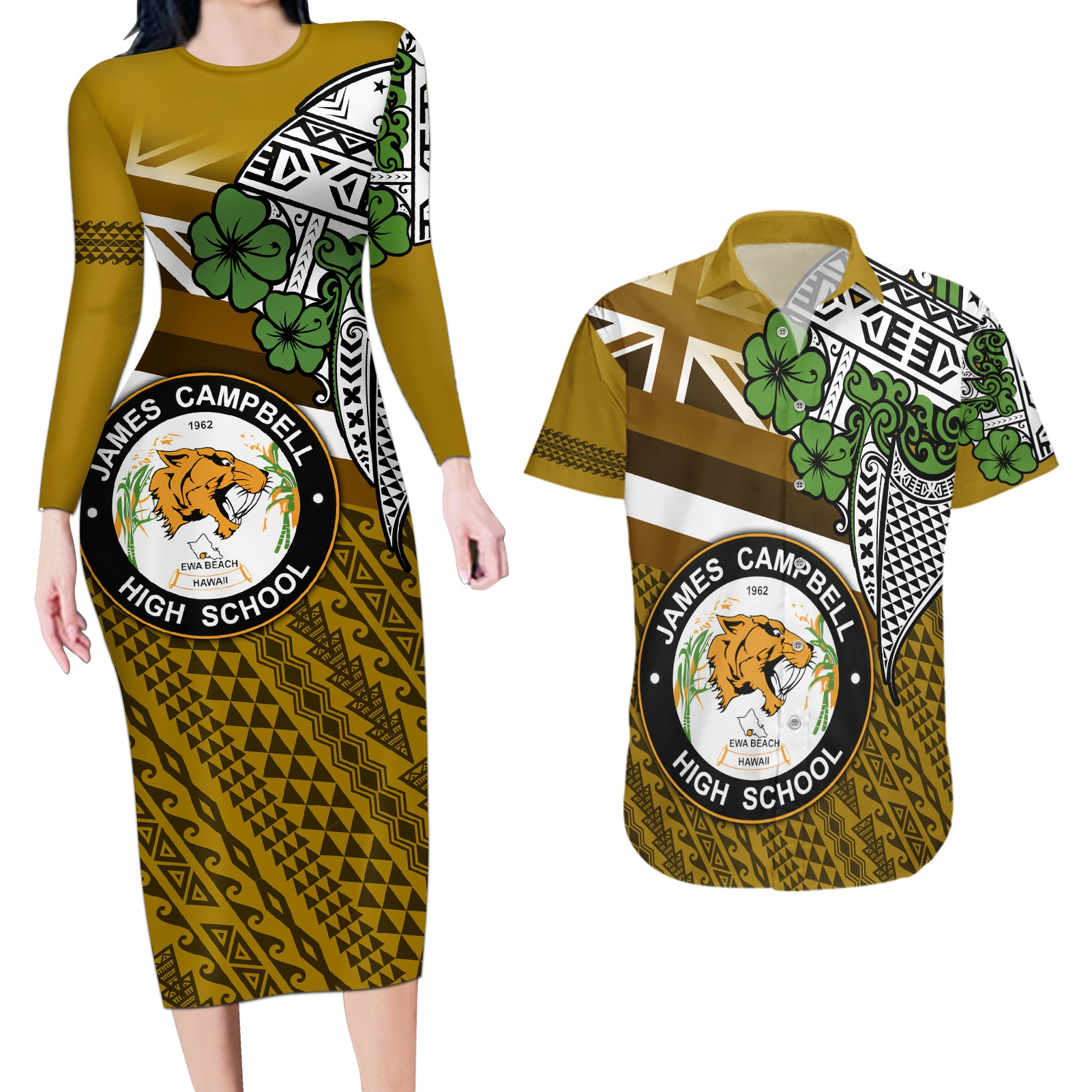 Hawaii James Campbell High School Couples Matching Long Sleeve Bodycon Dress and Hawaiian Shirt Kakau Pattern Gold Color Version LT03 Gold - Polynesian Pride