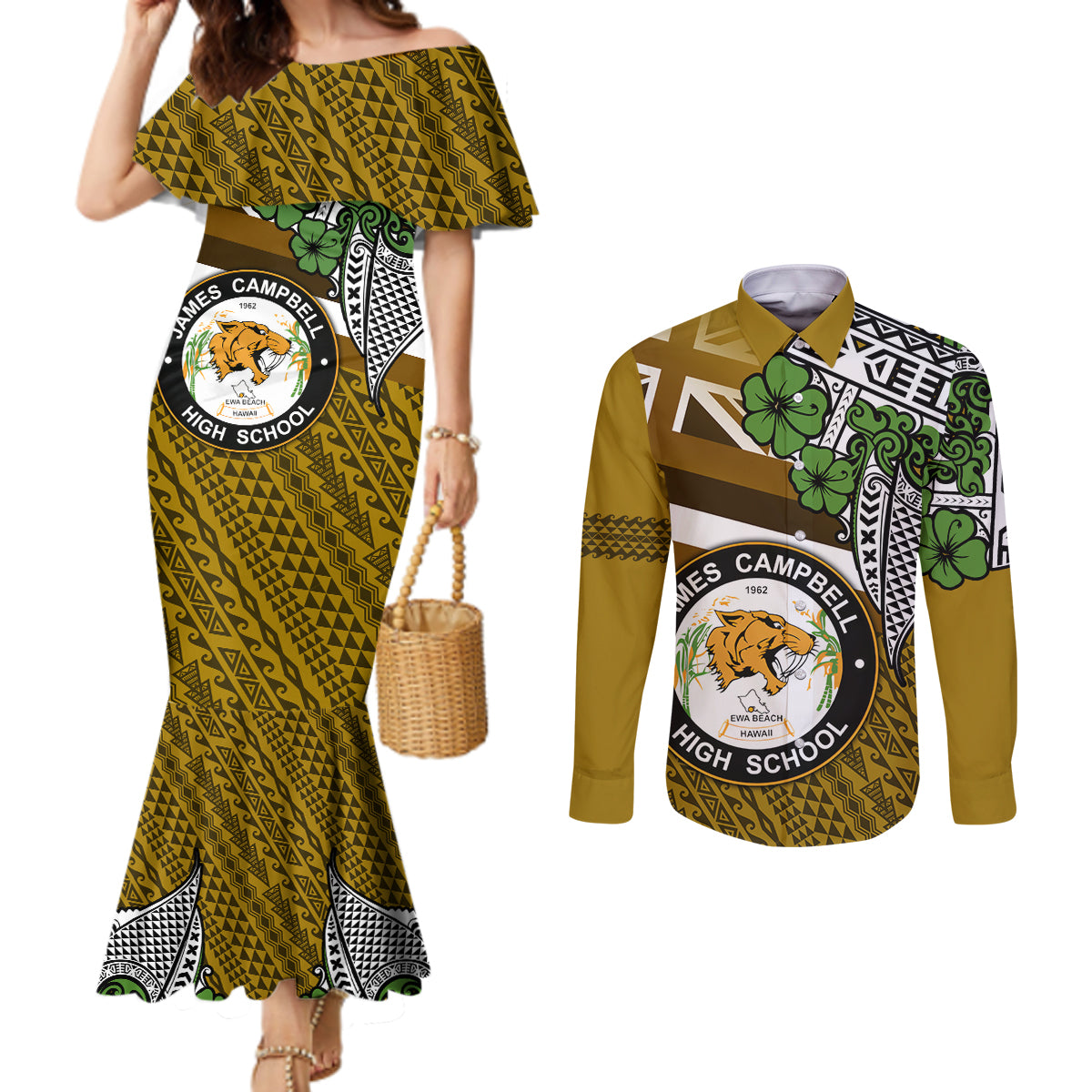 Hawaii James Campbell High School Couples Matching Mermaid Dress and Long Sleeve Button Shirt Kakau Pattern Gold Color Version LT03 Gold - Polynesian Pride