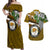 Hawaii James Campbell High School Couples Matching Off Shoulder Maxi Dress and Hawaiian Shirt Kakau Pattern Gold Color Version LT03 Gold - Polynesian Pride