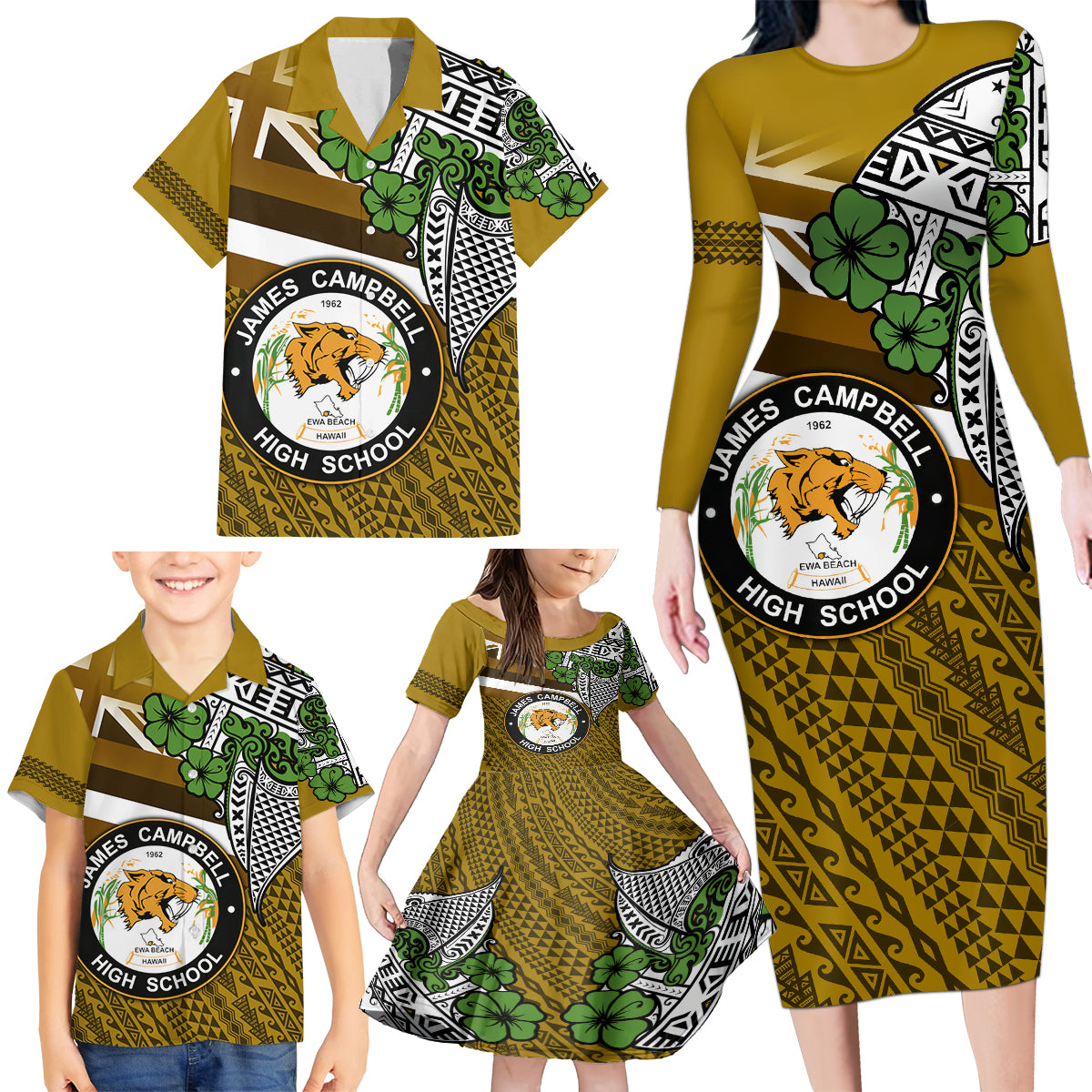 Hawaii James Campbell High School Family Matching Long Sleeve Bodycon Dress and Hawaiian Shirt Kakau Pattern Gold Color Version LT03 - Polynesian Pride