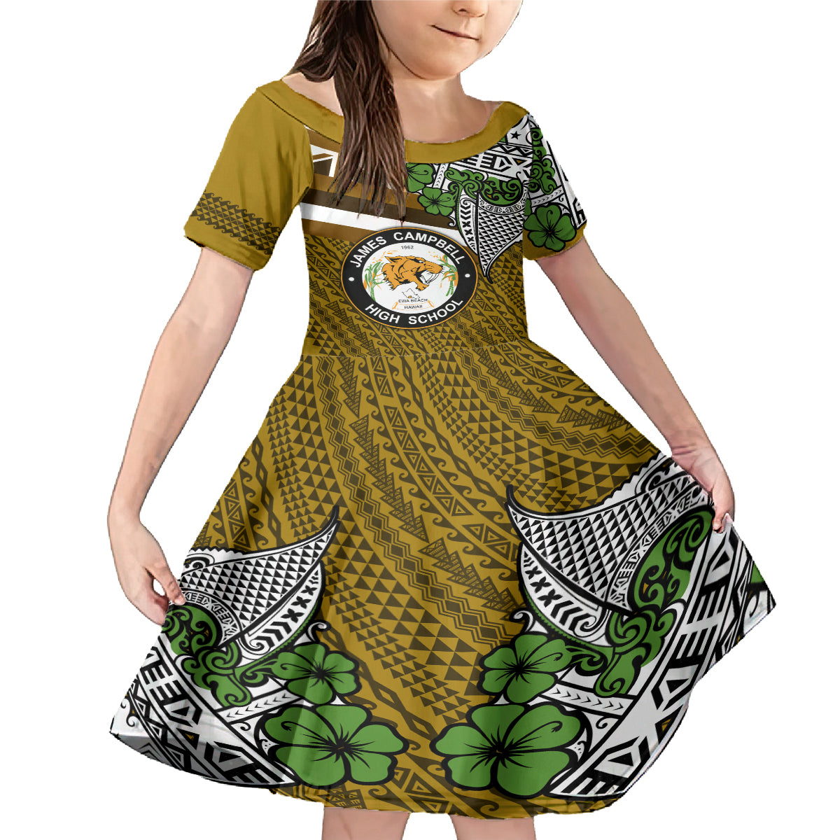 Hawaii James Campbell High School Family Matching Mermaid Dress and Hawaiian Shirt Kakau Pattern Gold Color Version LT03 Daughter's Dress Gold - Polynesian Pride