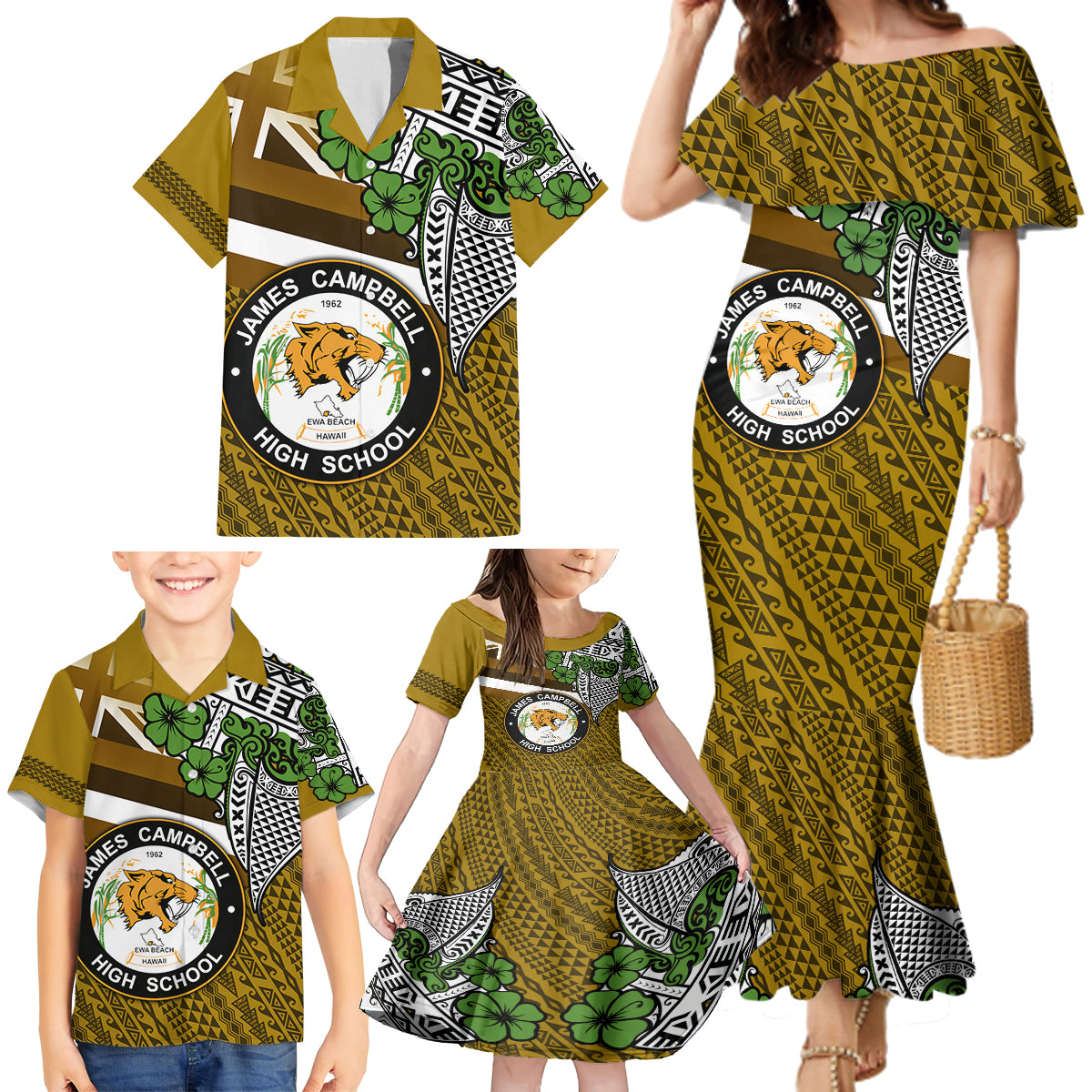 Hawaii James Campbell High School Family Matching Mermaid Dress and Hawaiian Shirt Kakau Pattern Gold Color Version LT03 - Polynesian Pride