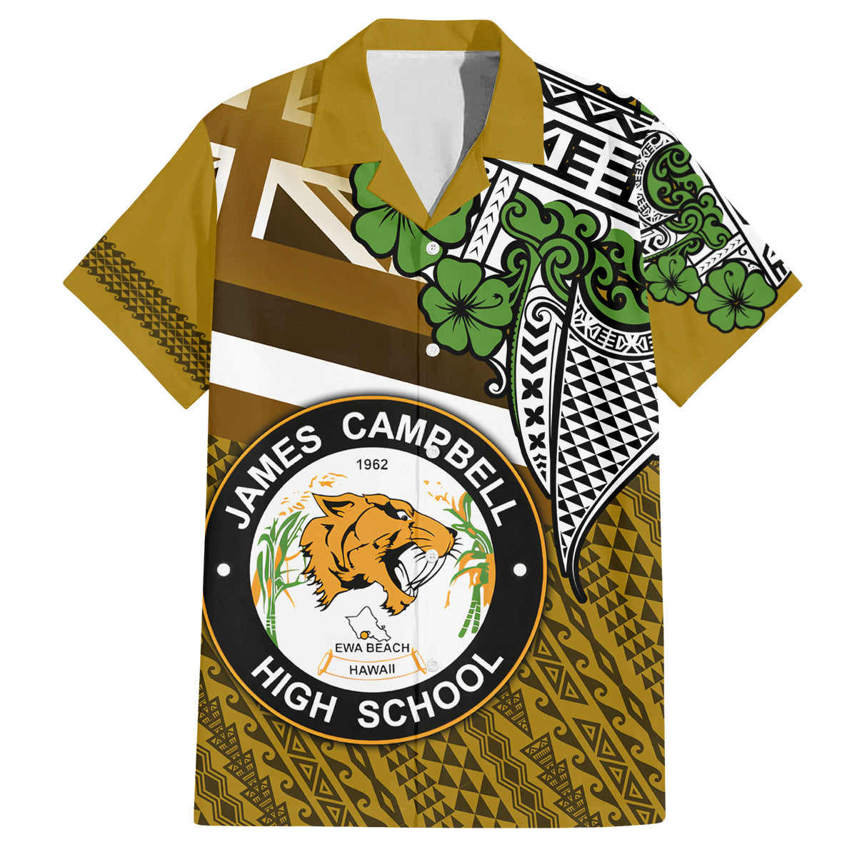 Hawaii James Campbell High School Family Matching Off Shoulder Long Sleeve Dress and Hawaiian Shirt Kakau Pattern Gold Color Version LT03 Dad's Shirt - Short Sleeve Gold - Polynesian Pride
