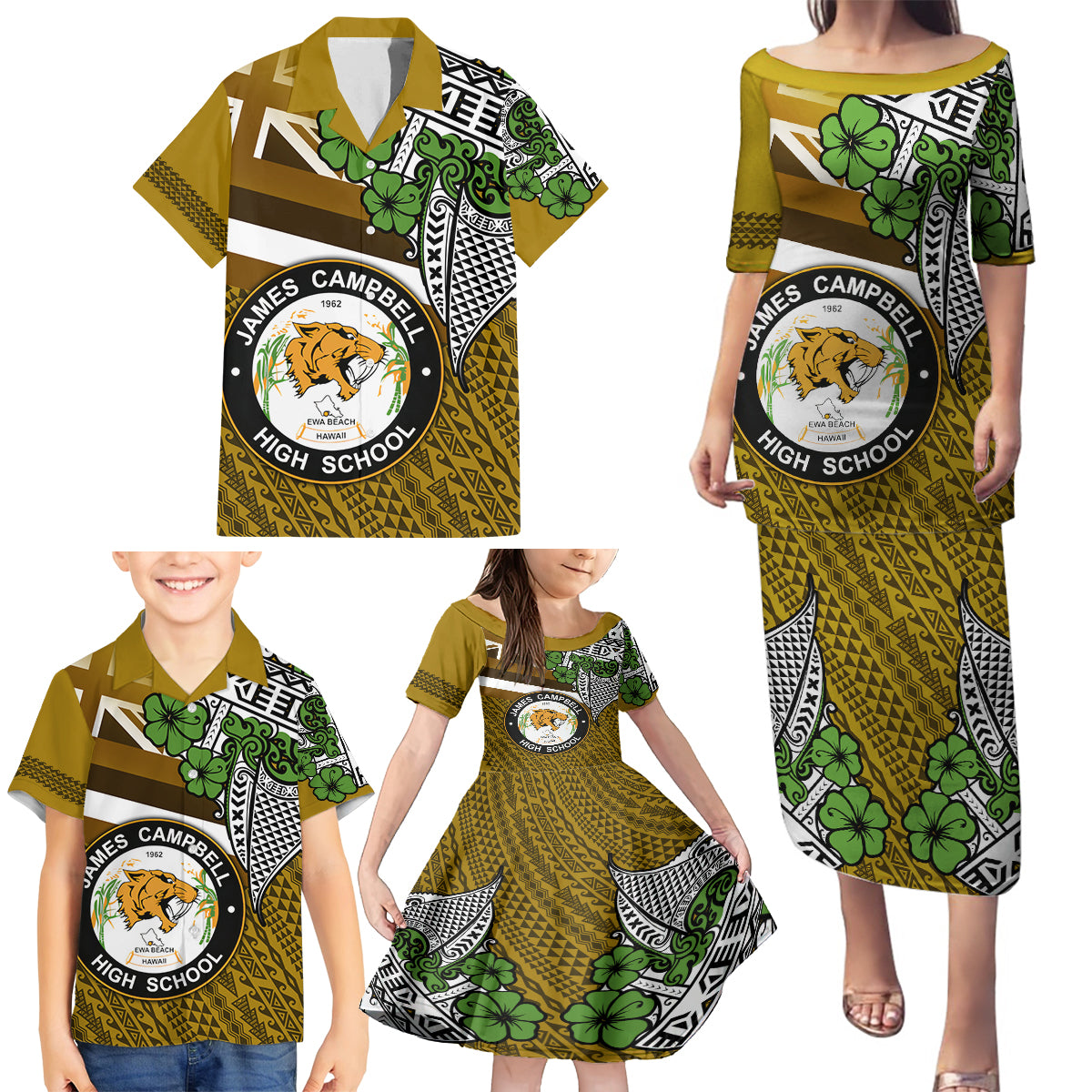 Hawaii James Campbell High School Family Matching Puletasi Dress and Hawaiian Shirt Kakau Pattern Gold Color Version LT03 - Polynesian Pride