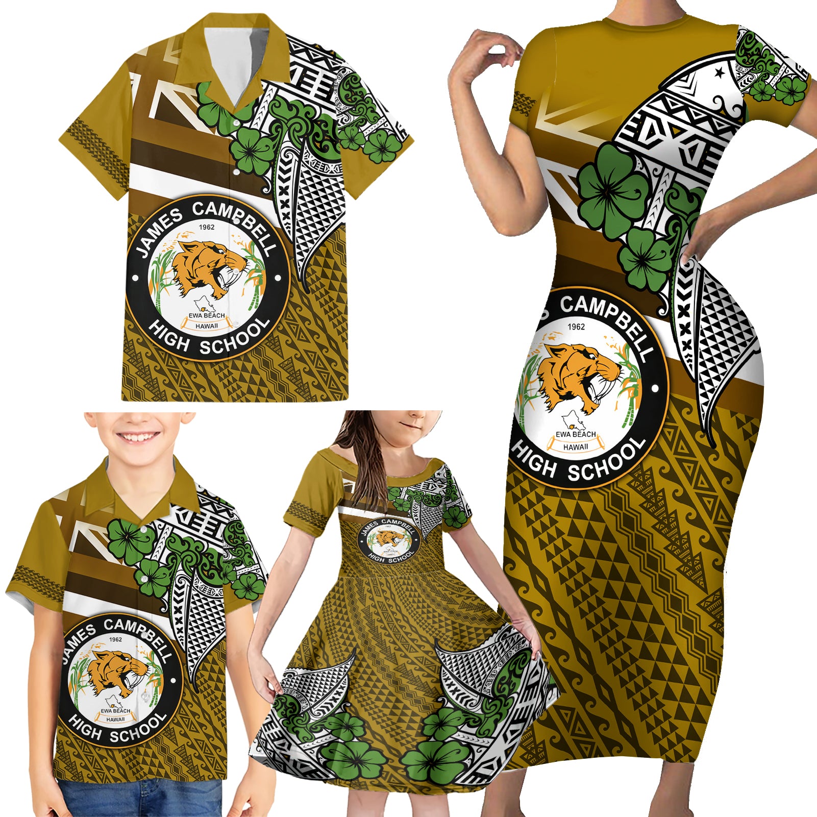 Hawaii James Campbell High School Family Matching Short Sleeve Bodycon Dress and Hawaiian Shirt Kakau Pattern Gold Color Version LT03 - Polynesian Pride