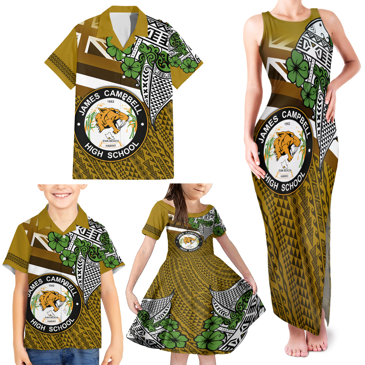 Hawaii James Campbell High School Family Matching Tank Maxi Dress and Hawaiian Shirt Kakau Pattern Gold Color Version LT03 - Polynesian Pride