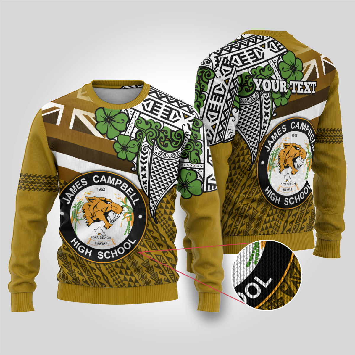 Hawaii James Campbell High School Ugly Christmas Sweater Kakau Pattern Gold Color Version LT03 Gold - Polynesian Pride