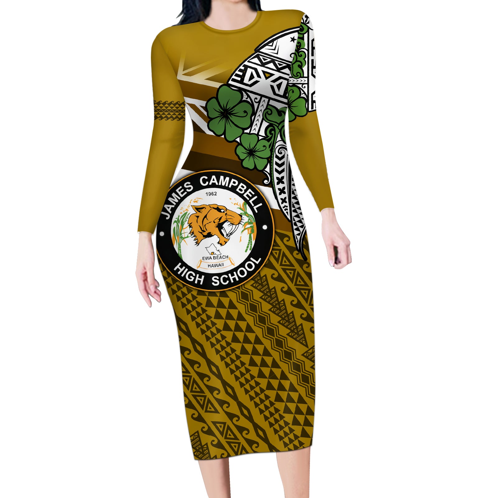 Hawaii James Campbell High School Long Sleeve Bodycon Dress Kakau Pattern Gold Color Version LT03 Long Dress Gold - Polynesian Pride