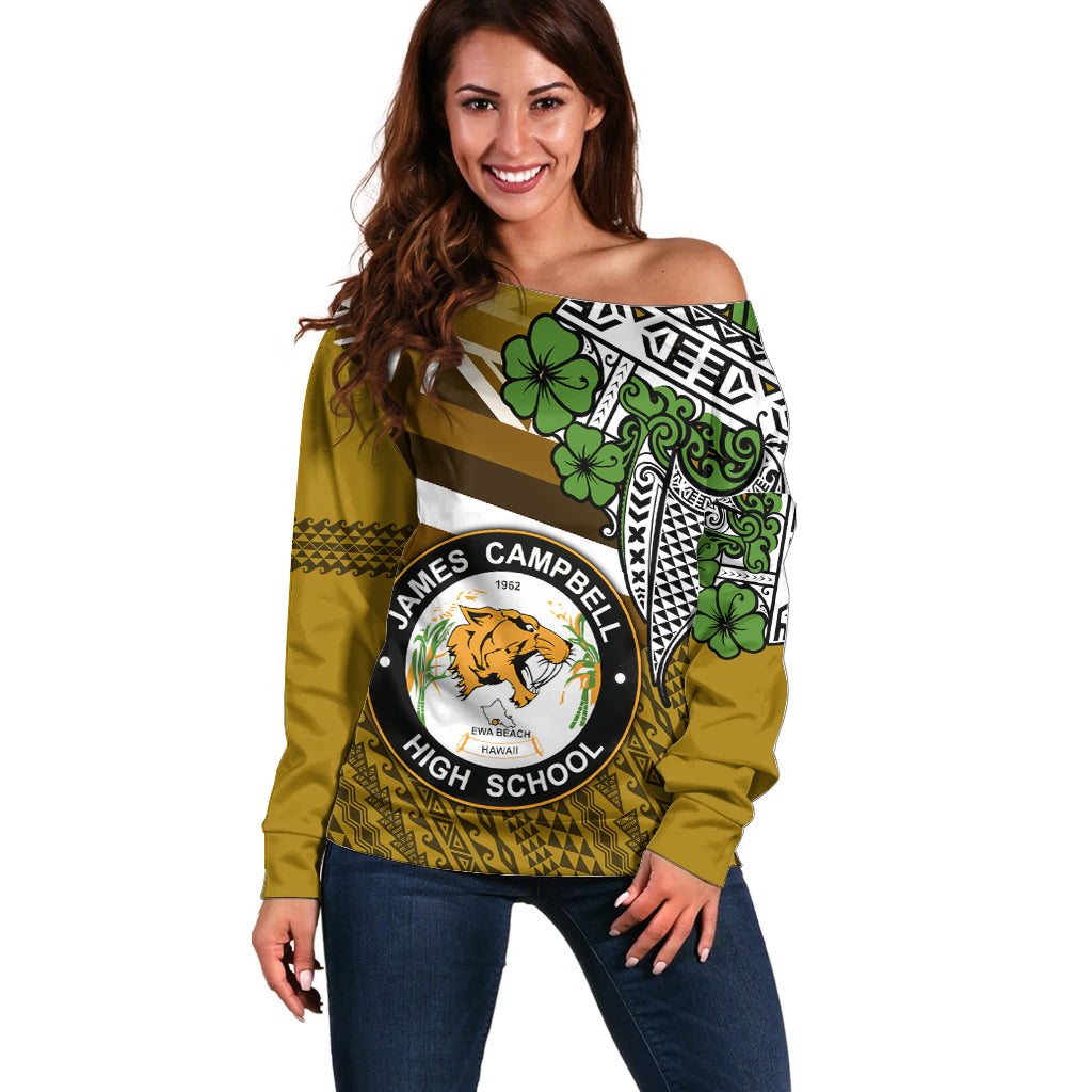 Hawaii James Campbell High School Off Shoulder Sweater Kakau Pattern Gold Color Version LT03 Women Gold - Polynesian Pride