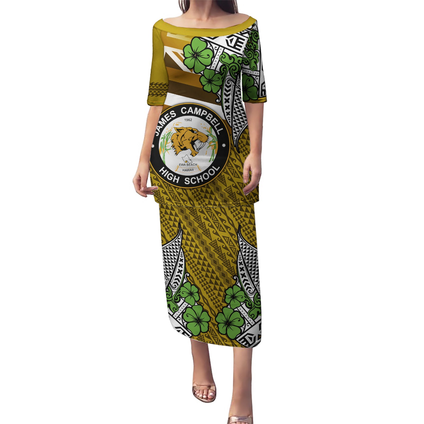 Hawaii James Campbell High School Puletasi Kakau Pattern Gold Color Version LT03 Long Dress Gold - Polynesian Pride