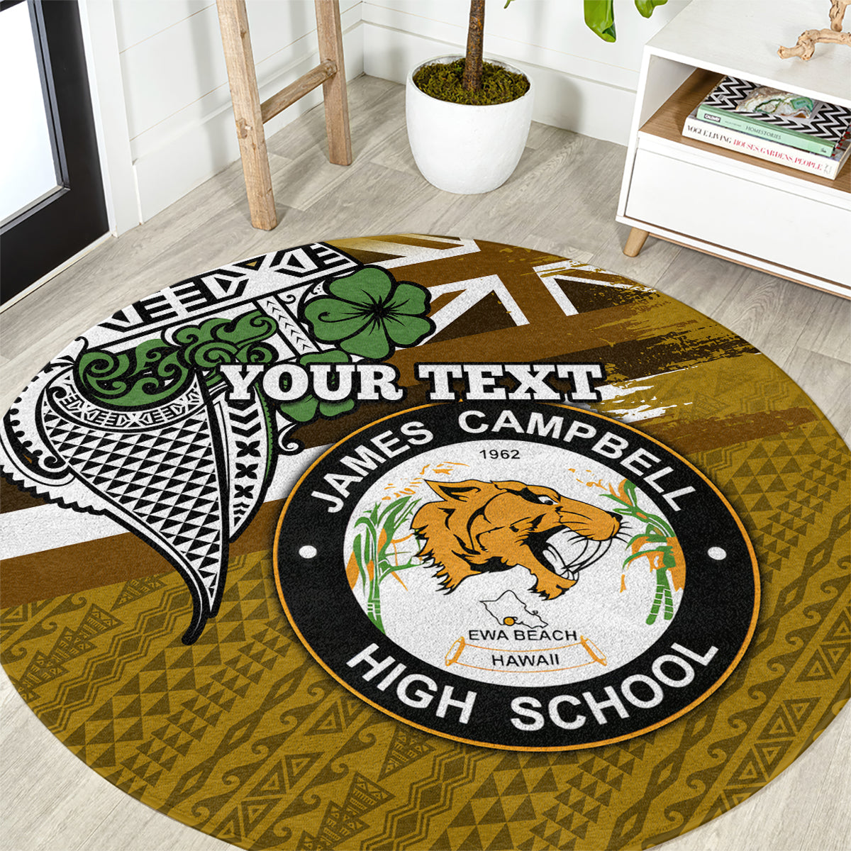 Hawaii James Campbell High School Round Carpet Kakau Pattern Gold Color Version LT03 Gold - Polynesian Pride