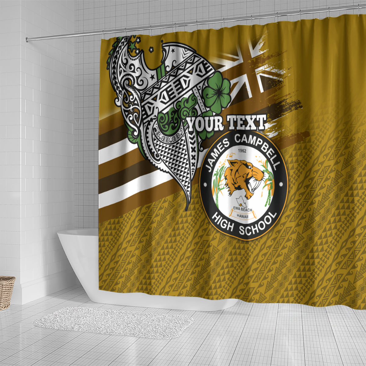 Hawaii James Campbell High School Shower Curtain Kakau Pattern Gold Color Version LT03 - Polynesian Pride