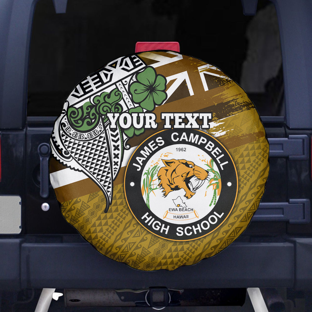 Hawaii James Campbell High School Spare Tire Cover Kakau Pattern Gold Color Version LT03 Gold - Polynesian Pride