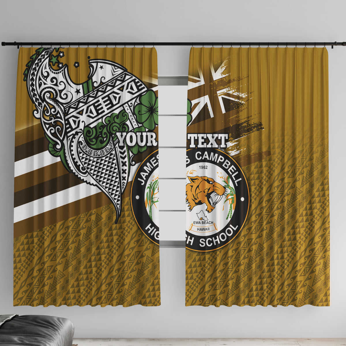 Hawaii James Campbell High School Window Curtain Kakau Pattern Gold Color Version LT03 With Hooks Gold - Polynesian Pride