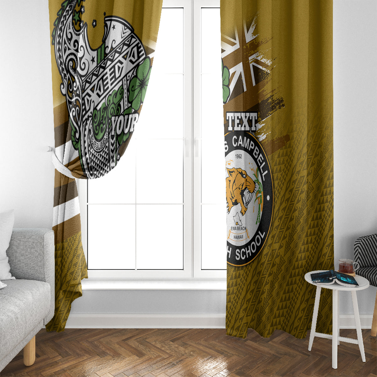 Hawaii James Campbell High School Window Curtain Kakau Pattern Gold Color Version LT03 - Polynesian Pride